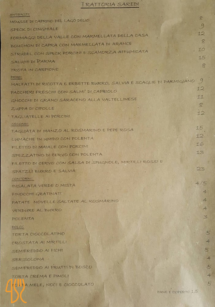 Trattoria Saredi Speisekarte