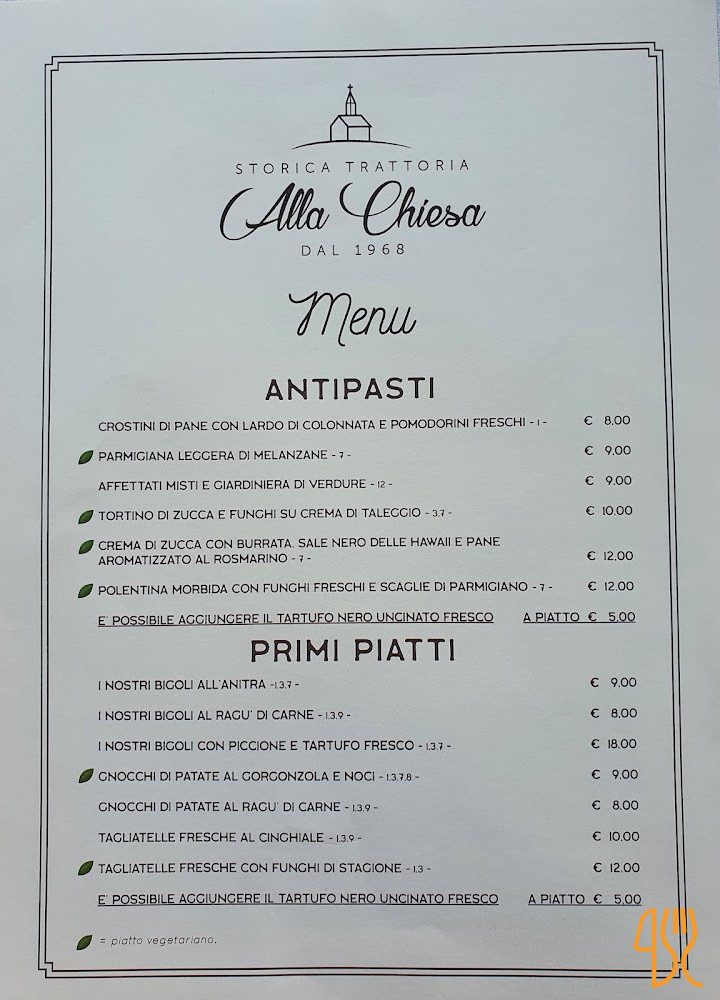 Storica Trattoria Alla Chiesa Speisekarte