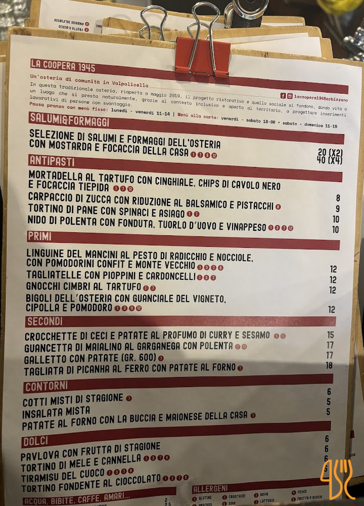 Osteria La Coopera 1945 Carta