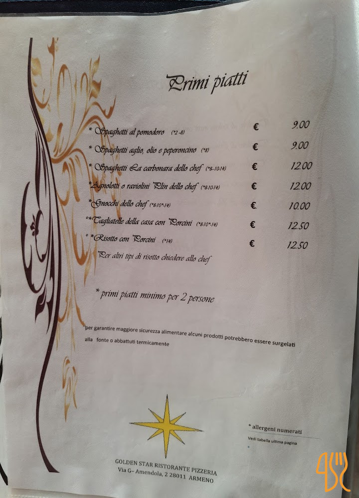 Pizzeria Golden Star Armeno Carte