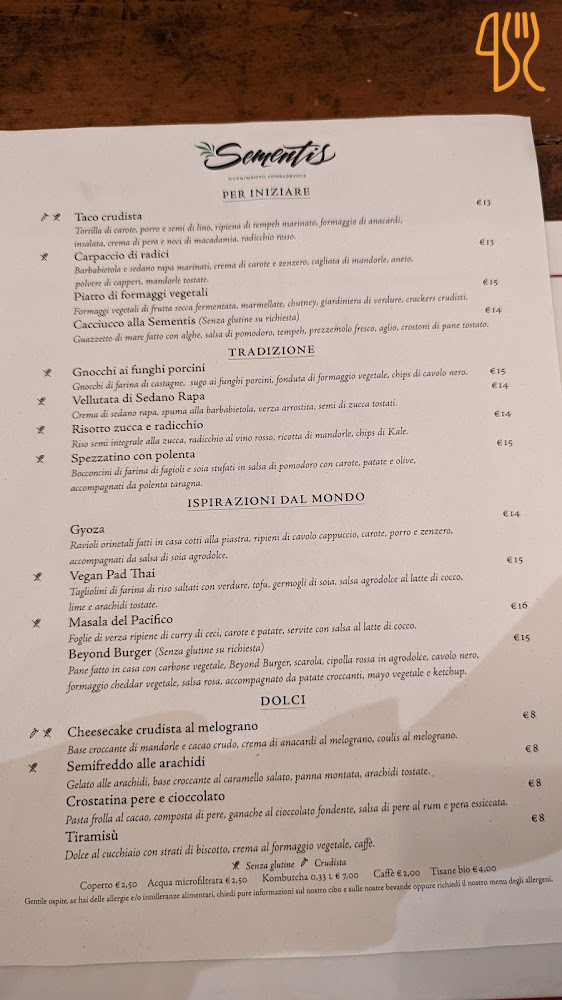 Sementis Speisekarte