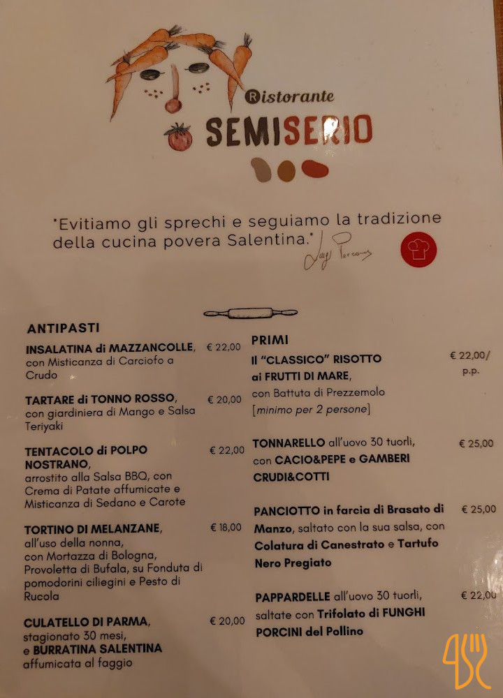 Semiserio Speisekarte