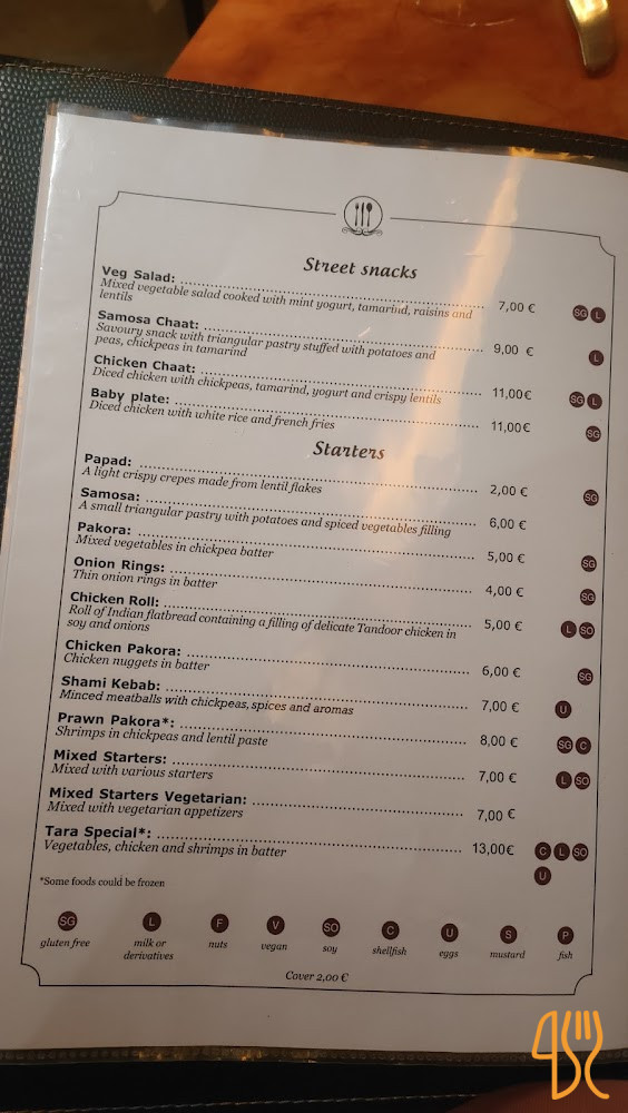 Tara Indiano Speisekarte