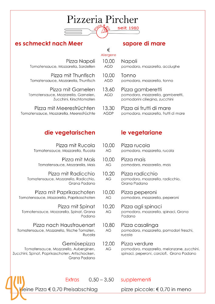 Pizzeria Eisdiele Pircher Carte
