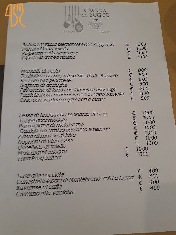 Caccia C'a Bugge Speisekarte