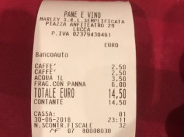 Pane E Vino menu