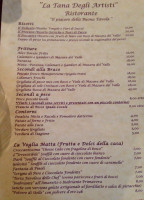 La Tana Degli Artisti menu